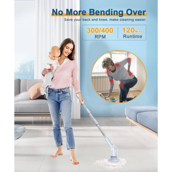 Electric Spin Scrubber – Cordless, IPX8 Waterproof, 9 Brush Heads (Gray) - Picture 7 of 8